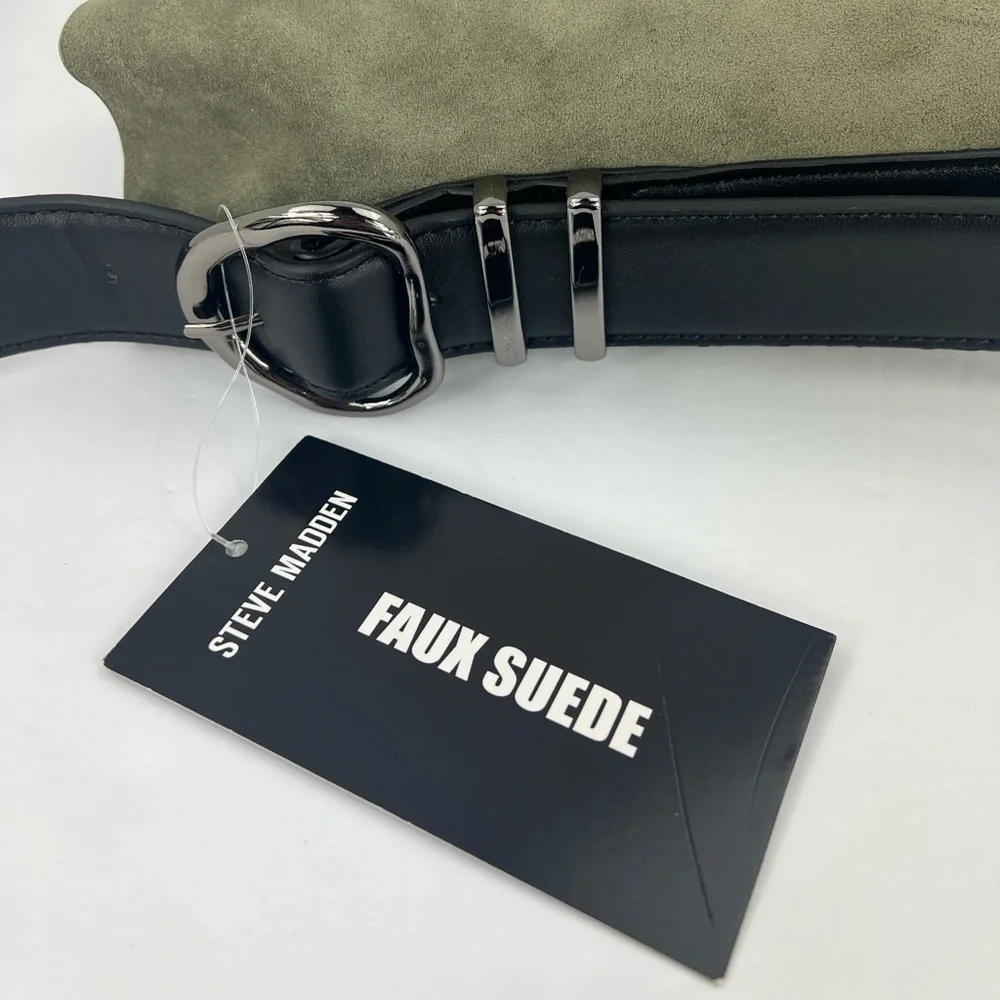 STEVE MADDEN FAUX SUEDE, BIMMY BUCKEY SHOULDER BAG, OLIVE COLOR BLACK STRAP